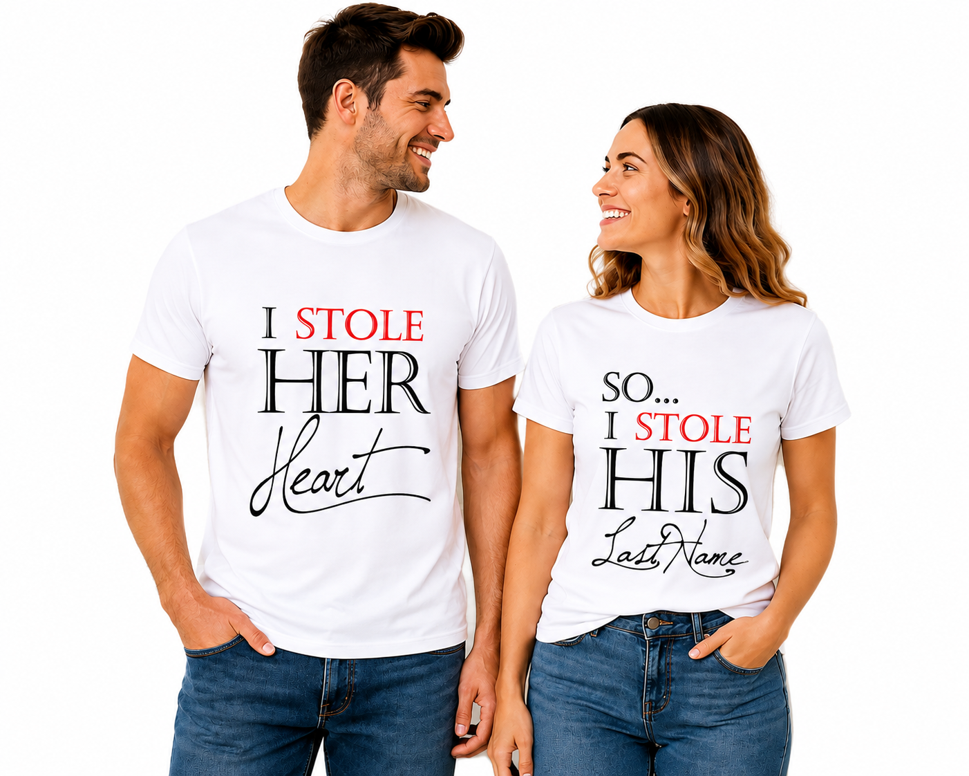 I Stole Her Heart & His Last Name Matching Couple Shirts – Husband Wife T-Shirt Set