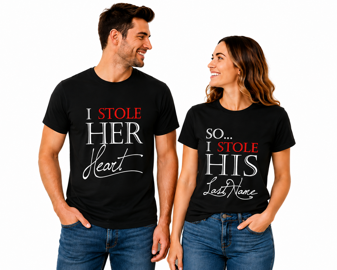 I Stole Her Heart & His Last Name Matching Couple Shirts – Husband Wife T-Shirt Set