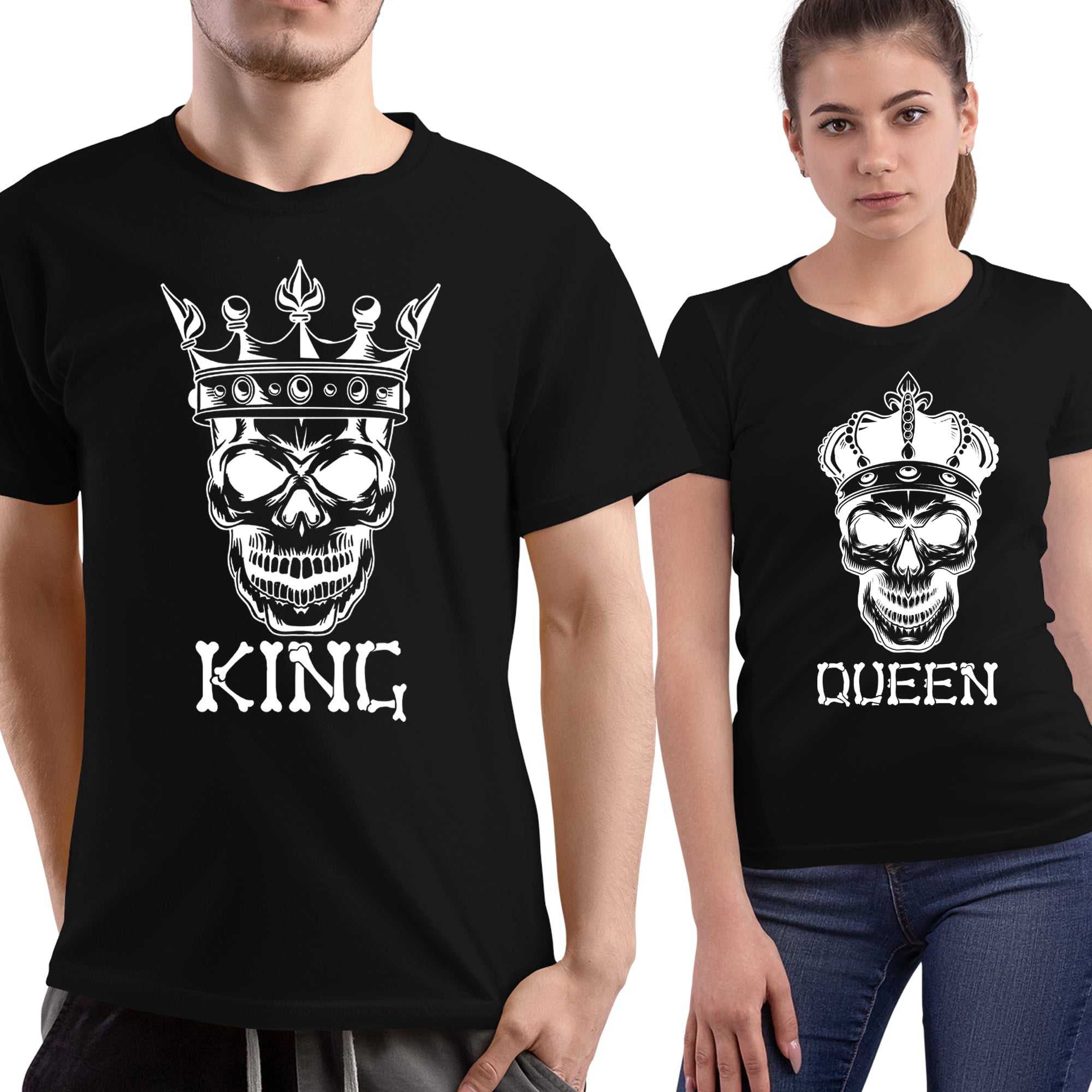 Skeleton King & Queen Matching Couple Shirts – His and Hers T-Shirt Set