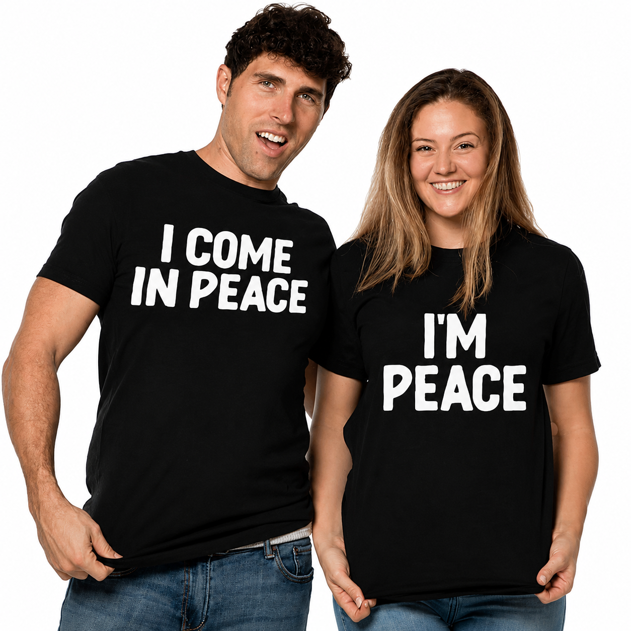 I Come in Peace & I’m Peace Matching Couple Shirts – Funny His and Hers T-Shirt Set