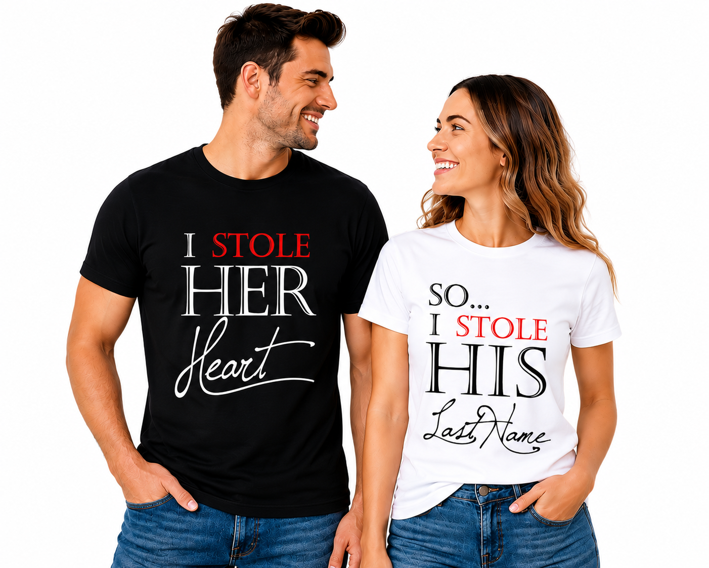 I Stole Her Heart & His Last Name Matching Couple Shirts – Husband Wife T-Shirt Set