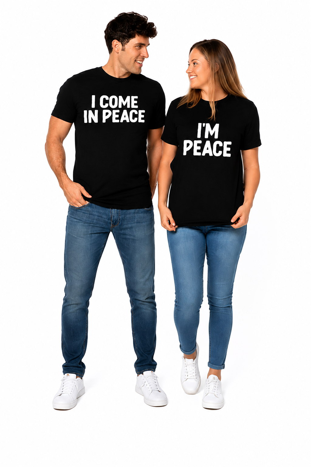 I Come in Peace & I’m Peace Matching Couple Shirts – Funny His and Hers T-Shirt Set