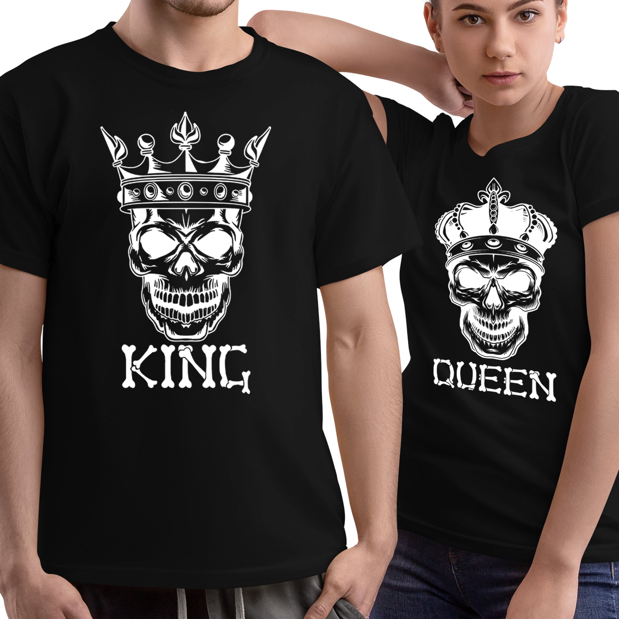 Skeleton King & Queen Matching Couple Shirts – His and Hers T-Shirt Set