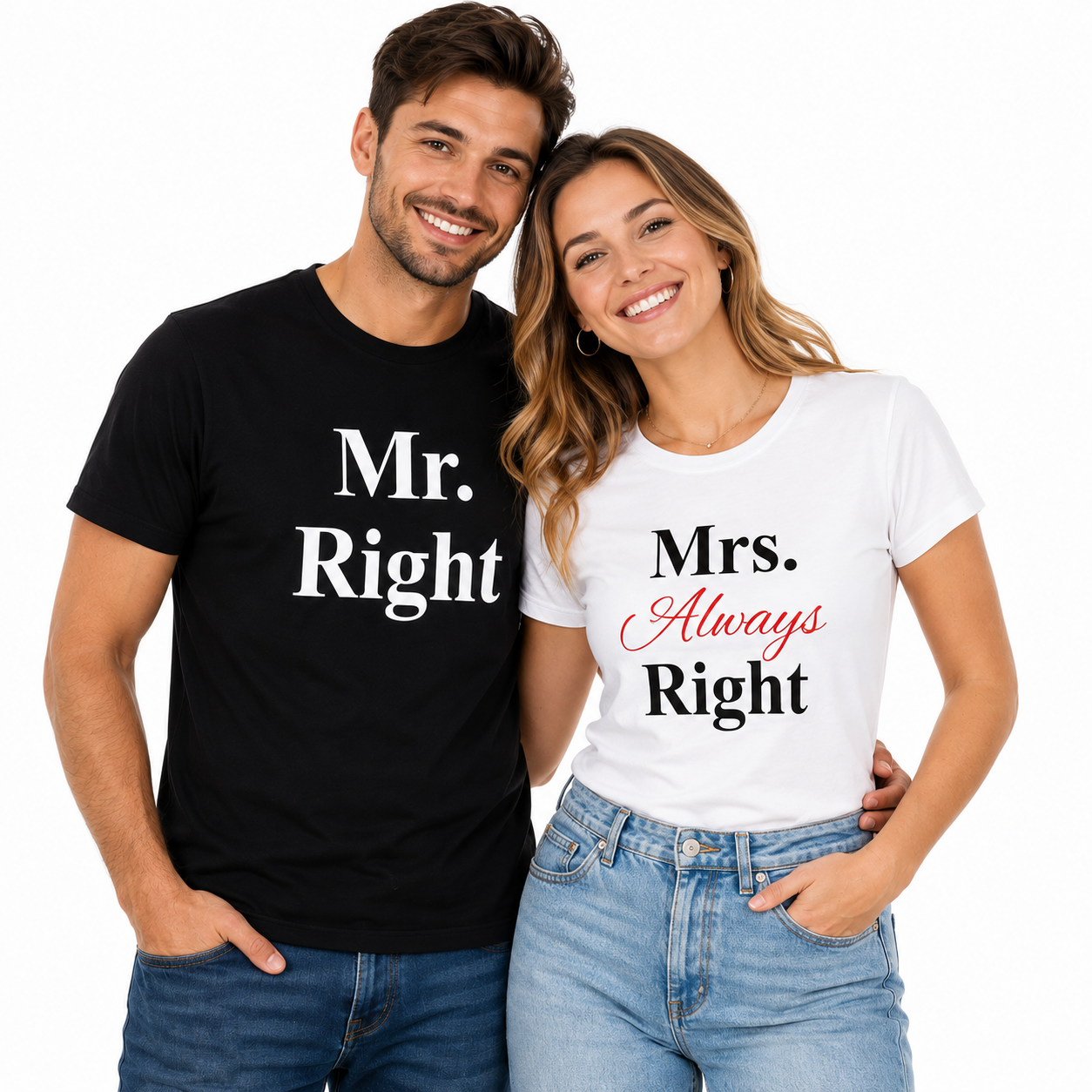 Mr. Right & Mrs. Always Right Matching Couple Shirts – Funny His and Hers T-Shirt Set
