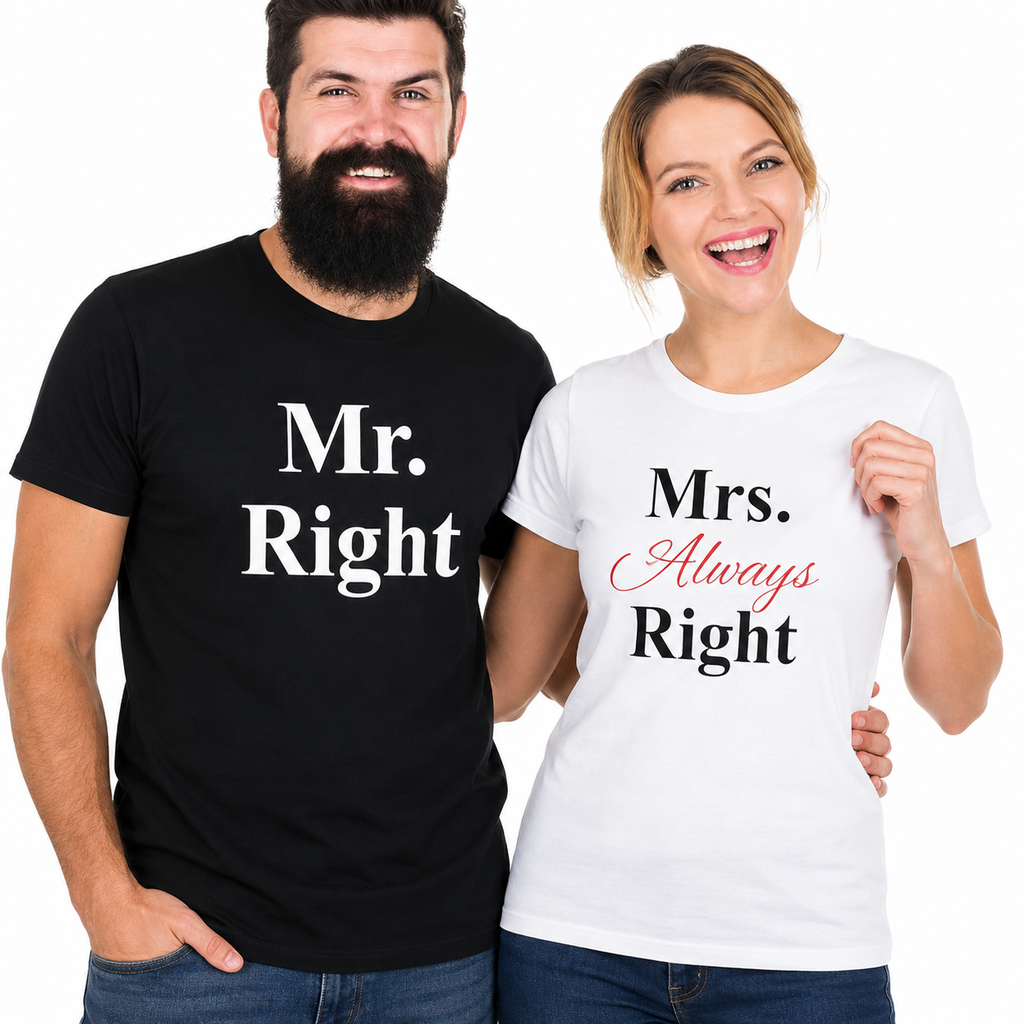 Mr. Right & Mrs. Always Right Matching Couple Shirts – Funny His and Hers T-Shirt Set